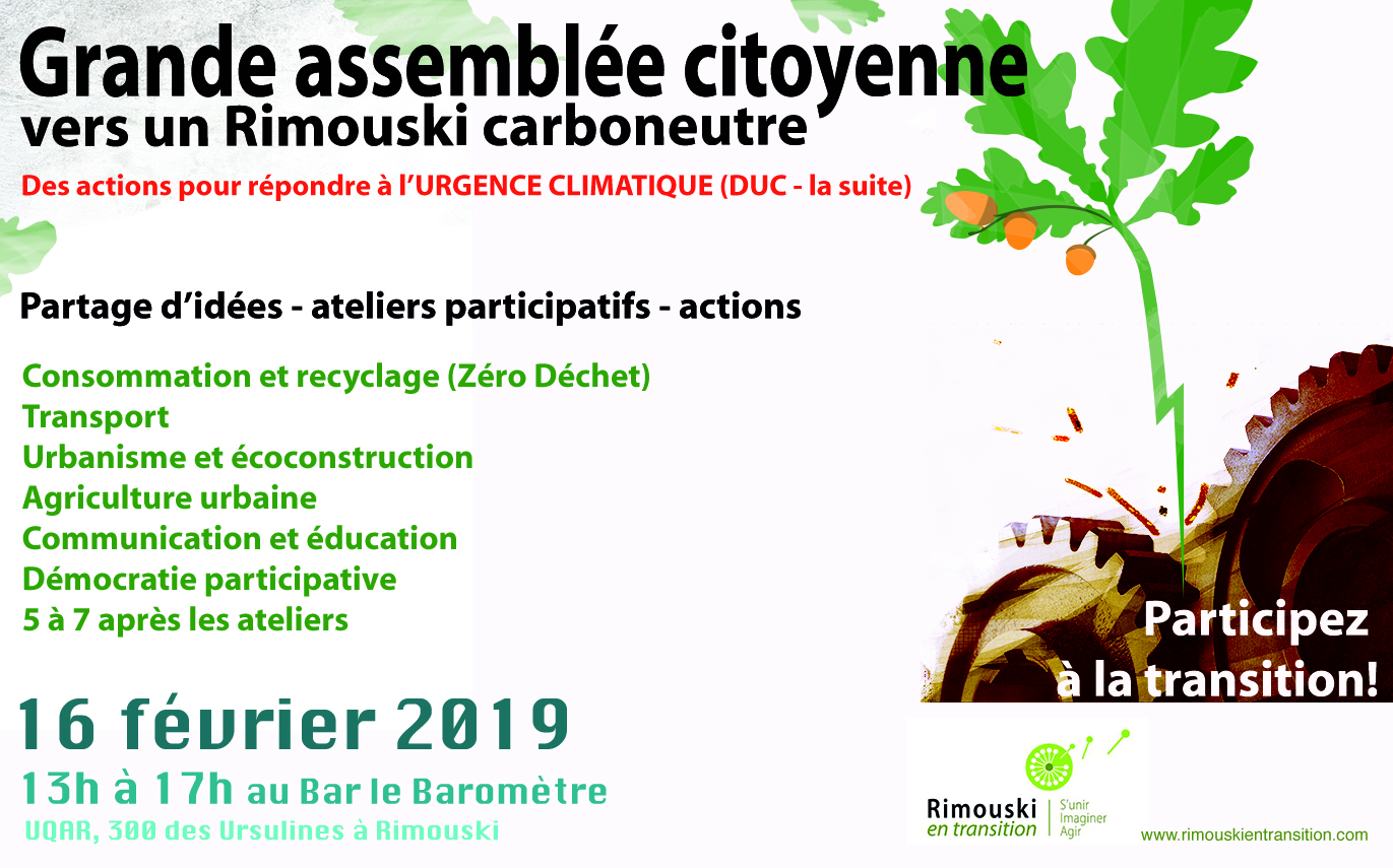 Affiche de l'assemblée citoyenne de Rimouski sur la carboneutralité